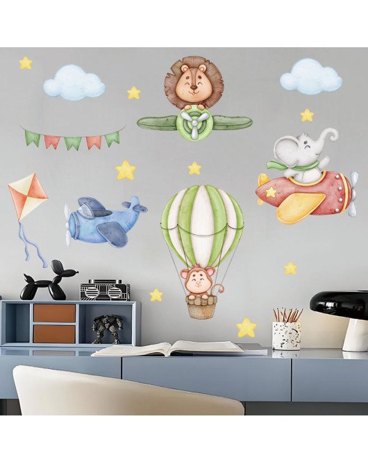Self-adhesive 3d Vinyl Cartoon Animal With Airplane Wall Stickers Bedrooms Teens - Model Sf39356
