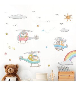 Removable Kids Bedroom Cartoon Animal With Airplane 3d Rainbow Cloud Sticker Decor Wall - Model Sf39357