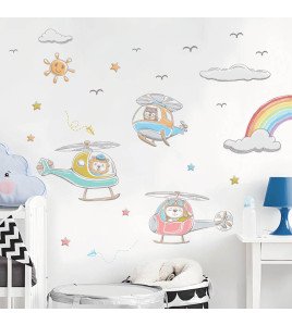 Removable Kids Bedroom Cartoon Animal With Airplane 3d Rainbow Cloud Sticker Decor Wall - Model Sf39357