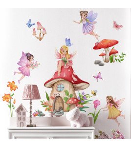 Self-adhesive Cartoon Fairy With Mushroom Baby Stickers For Wall Safari - Model Sf39379