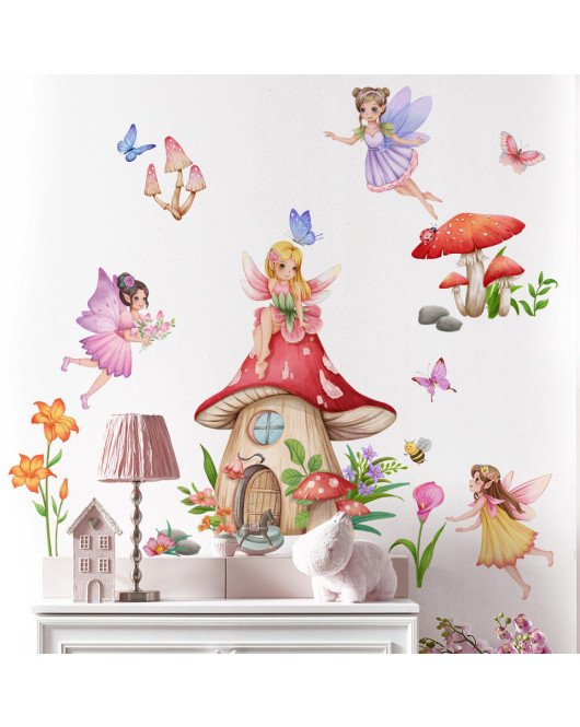 Self-adhesive Cartoon Fairy With Mushroom Baby Stickers For Wall Safari - Model Sf39379