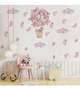 Kids' Room Decor Cartoon Pink Rabbit Butterfly Hot Air Balloon Kindergarten Wall Stickers - Model Sf39405