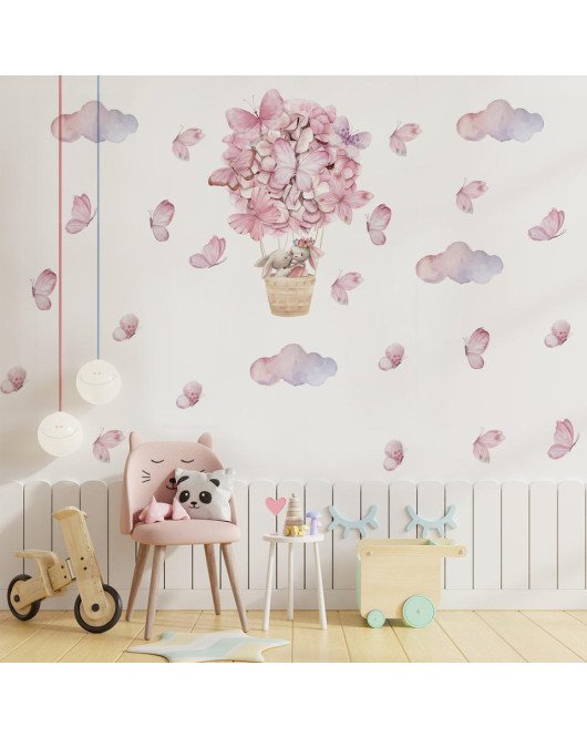 Kids' Room Decor Cartoon Pink Rabbit Butterfly Hot Air Balloon Kindergarten Wall Stickers - Model Sf39405