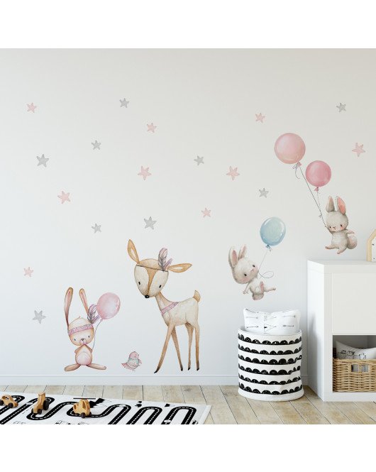 Self-adhesive Cartoon Animal Rabbit With Balloon Pcv Cute Wall Stickers Girly - Model Sf39410