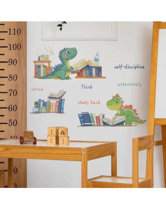 Self Adhesive Cartoon Dinosaur Read Book Wall Stickers For School