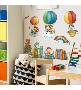 Kids' Room Decoration Cute Books Hot Air Balloon Bed Head Wall Stickers - Model Fun-d81
