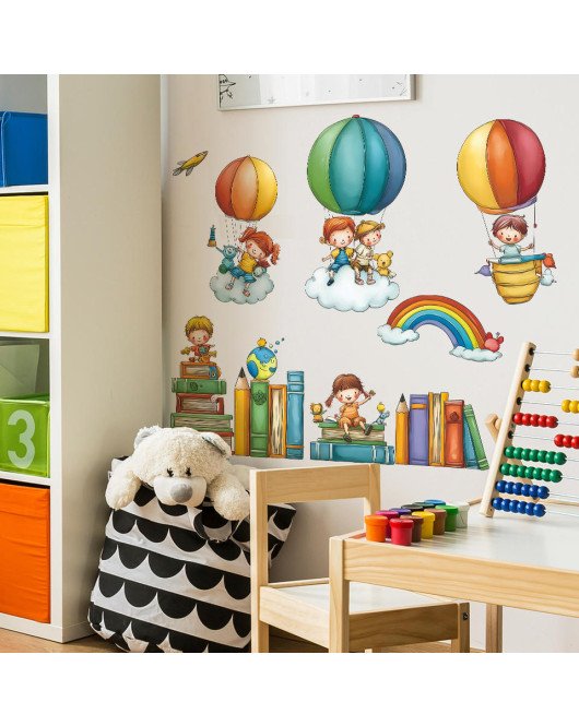 Kids' Room Decoration Cute Books Hot Air Balloon Bed Head Wall Stickers - Model Fun-d81